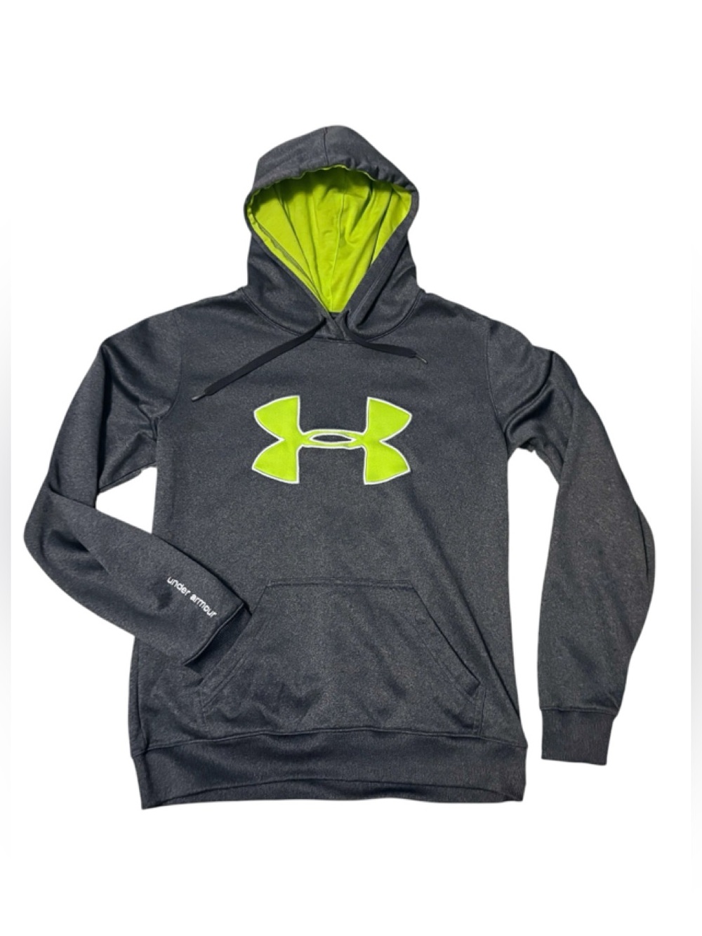 Under Armour Gray Neon Green Big Logo Pullover Hoodie Small